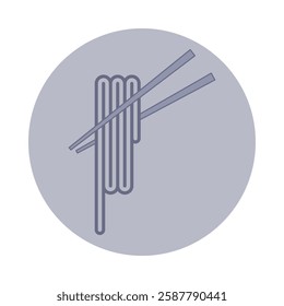 Line icon of noodles held by chopsticks against gray circular backdrop. Asian cuisine concept