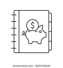 Line icon of a notebook binder with a piggy bank symbol on the cover. Represents financial planning, budgeting, and economic education.
