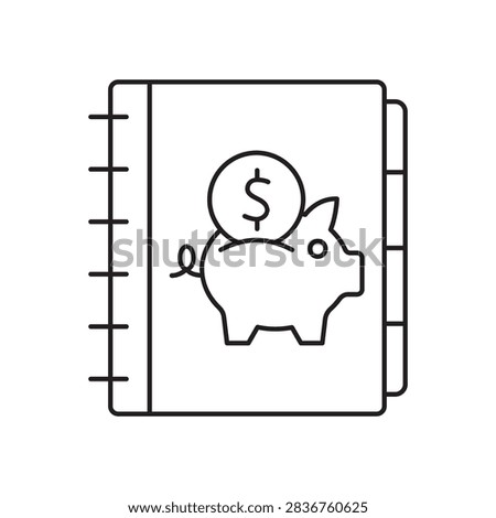 Line icon of a notebook binder with a piggy bank symbol on the cover. Represents financial planning, budgeting, and economic education.
