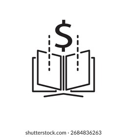 Icono de línea de un libro abierto con signos de dólar, que simboliza la educación financiera. Ideal para ilustrar la gestión del dinero, el aprendizaje de la inversión, los estudios económicos y la alfabetización financiera.