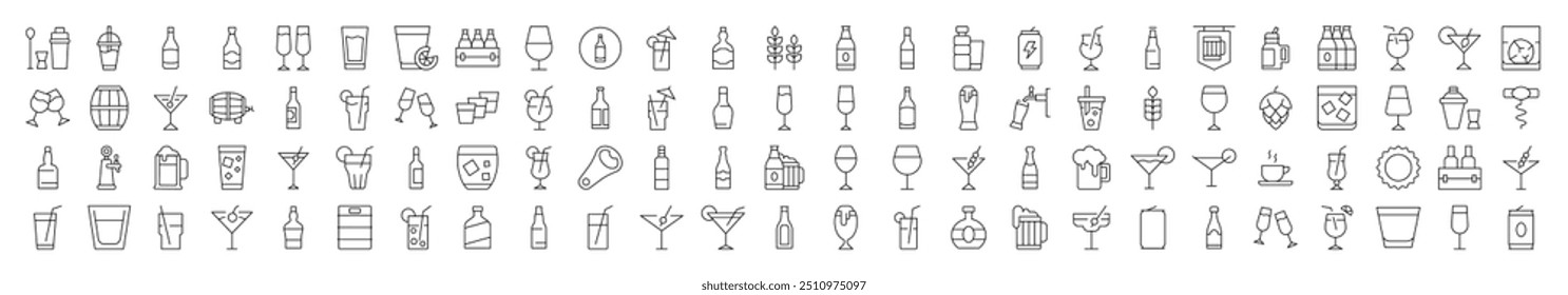 Line Icon Pack. Modern Collection for Design, Web Sites, Apps, Cards. Contains Linear Images of Beer, Coffee, Cocktail