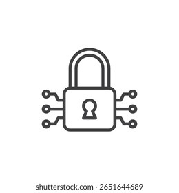 Line icon of padlock with AI circuit. Outline vector icon symbolizing cybersecurity and protected systems. Minimal digital tech icon.