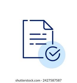 Icono de línea de un papel con una marca de verificación al lado. Trazo perfecto y editable