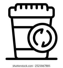 Line icon of a paper cup with a recycle symbol, representing reusable packaging for hot beverages