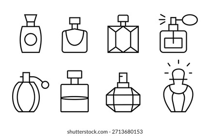 Ícone de linha do símbolo do vetor de garrafa de Perfume. Conjunto de vetores de ícone de frasco de perfume. Ilustração vetorial.