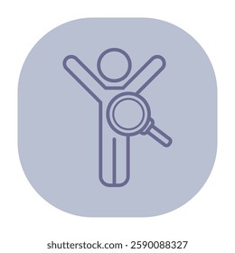 Line icon of person with arms raised, holding magnifying glass. Health examination or medical check-up concept