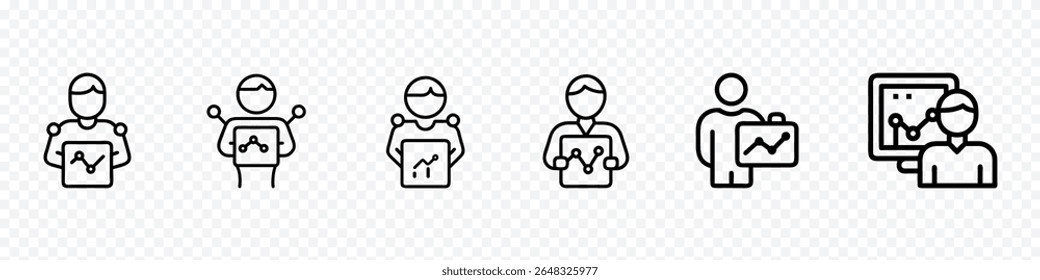 Line Icon of Person Holding Analytics Report – Business Insight, Growth Chart and Data Dashboard Symbol