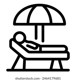 A line icon of a person lying on a lounger under an open umbrella, signifying relaxation