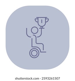 Line icon of person in wheelchair joyfully lifting trophy above their head, symbolizing triumph and recognition. Empowerment and victory concept