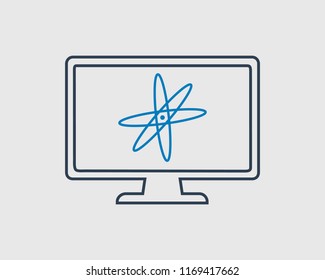 Line icon of Physics. Atom on computer Screen.