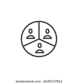 Line icon of a pie chart divided among people, symbolizing resource distribution and fair team allocation. This outline vector icon is ideal for planning visuals. Logo and icon symbol.