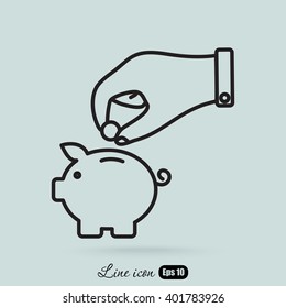 Line icon- piggy bank and hand