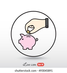 Line icon- piggy bank and hand