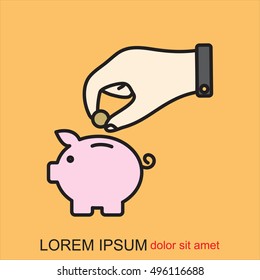 Line icon- piggy bank and hand