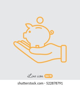 Line icon- piggy bank and hand