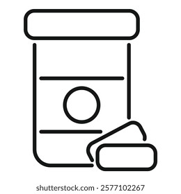 Line icon of pills dropping out of a pill bottle, representing medication and healthcare