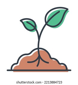 Icono de línea, brote de planta con hojas crece desde el suelo, vector aislado ilustración natural.