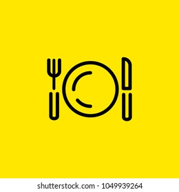 Line icon of plate, fork, and knife. Table setting, dinner, meal. Food concept. Can be used for topics like kitchenware, restaurant, food outlet