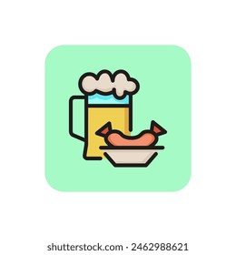 Line icon of plate with German sausage and beer mug. German food, Oktoberfest, snack. Meal concept. For topics like national cuisine, food, menu