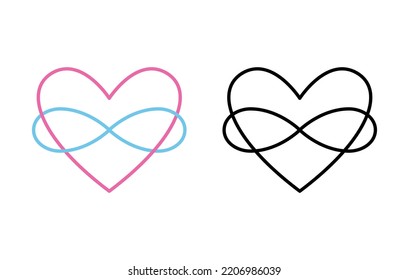 Line Icon Polyamory. Colored And Black Versions. Ethical Non Monogamy Concept. Notions Of Open Relations. Heart Shape Logo And Infinity Symbol. Vector Flat Illustration Isolated On White Background 