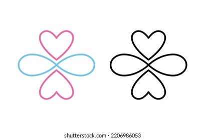 Line Icon Polyamory. Colored And Black Versions. Ethical Non Monogamy Concept. Notions Of Open Relations. Heart Shape Logo And Infinity Symbol. Vector Flat Illustration Isolated On White Background 