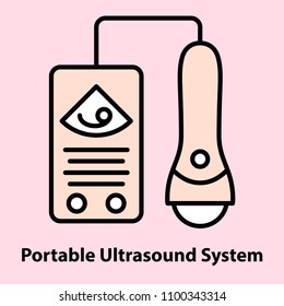 Line icon of portable ultrasound system on pink background. Device for pregnancy ultrasound self monitoring. Logo concept in linear style. Vector illustration.