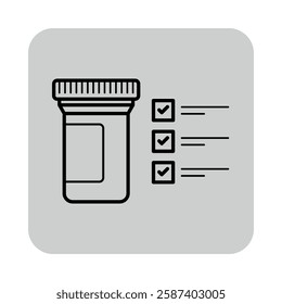 Line icon of prescription bottle alongside checklist. Medication management and adherence to health guideline concept