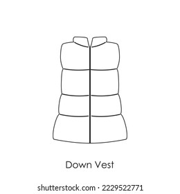 Line icon Puffed Sleeveless Down Vest Vector illustartion. Outline Down Jacket silhouette icon isolated on white background. Sketching of Down Vest. Hand drawn Winter Outdoor Clothes Symbol