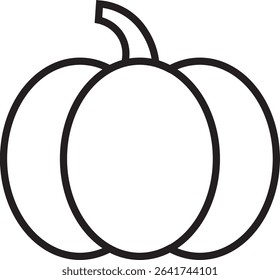 line icon of a pumpkin. Black and white outline vector perfect for fall, harvest, Thanksgiving, and Halloween-themed designs. Suitable for stickers, digital products, seasonal decorations.