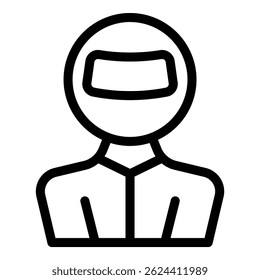 Line icon of a racing driver wearing helmet and suit, ready for a race or motorsport event
