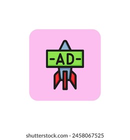 Line icon of racket with ad. Starting advertisement campaign. Startup concept. For topics like business, promotion, commerce