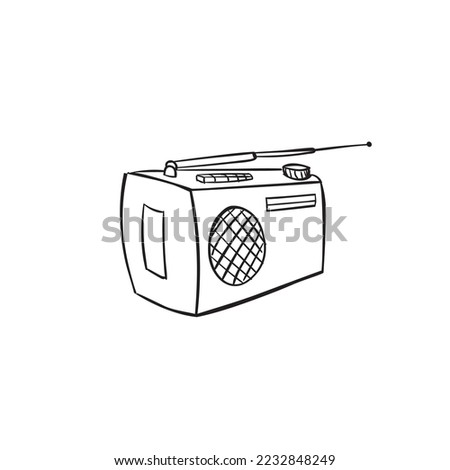 Line icon radio box, tape recorder, magnitofon  hand drawing retro boom box, outline drawing music player sound music icon, sketching of classic boom box. linear icon retro radio cassette media