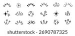 Line icon ray, confetti element set. Starburst line art with hand drawn glitter spark, pop icon shapes and surprise emphasis elements. Decorative sketch style for a sunshine ray vector illustration