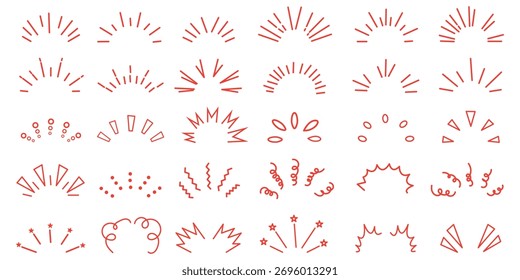 Icono de línea gris, conjunto de elementos de confeti. Arte de línea de Starburst con chispa de brillo dibujada a mano, Formas de íconos pop y Elementos de énfasis sorpresa. conjunto de Vectores
