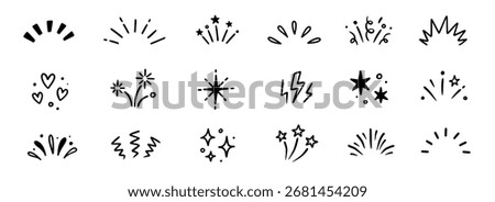 Line icon ray, confetti element set. Starburst line art with hand drawn glitter spark, pop icon shapes and surprise emphasis elements. Decorative sketch style for a sunshine ray vector illustration