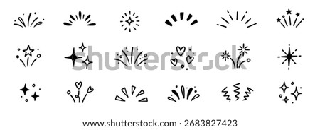 Line icon ray, confetti element set. Starburst line art with hand drawn glitter spark, pop icon shapes and surprise emphasis elements. Decorative sketch style for a sunshine ray vector illustration