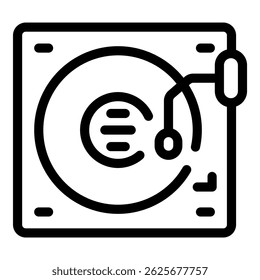 Line icon of a record player playing a vinyl record, great for projects related to music, audio, and entertainment