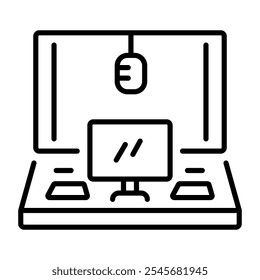 Icono de línea de una configuración de estudio de grabación con un micrófono, computadora y caja de resonancia