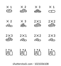 Line Icon Related To Medicine Dosage Prescription Template. Contain Pills And Measure For Liquid Medicine. Editable Stroke Vector, Isolated At White Background.