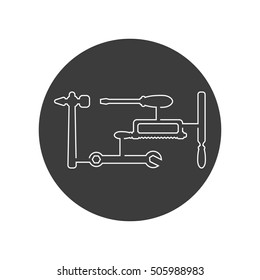Line icon with repair working tool. United building tools - hammer, screwdriver, saw, file, wrench. Logo for building shop or company