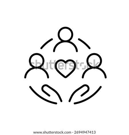 A line icon representing a circle of people and open hands around a heart, illustrating mutual respect and a supportive, inclusive environment.