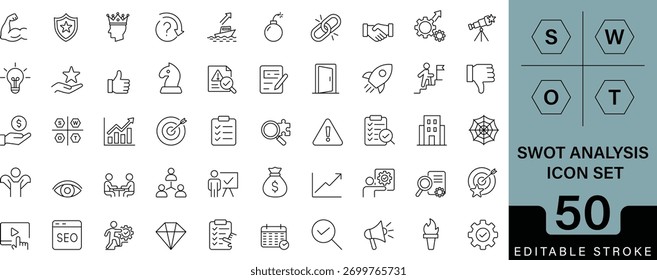 Icono de línea que representa el análisis FODA, trazo editable, Vector plano, diseño mínimo para la estrategia empresarial.
