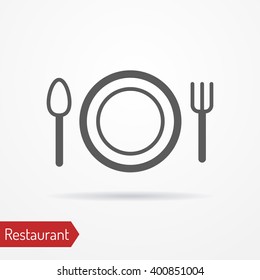Line icon of a restaurant. Isolated simple fork, spoon and plate. Typical symbol of a cafe or a restaurant in line style. Restaurant stock vector illustration.