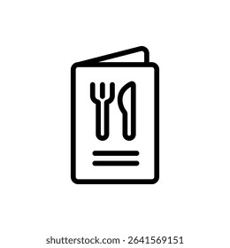 Line icon of a restaurant menu book with a fork and knife symbol. Great for dining app UIs, menu design, food service illustrations, and hospitality themes.