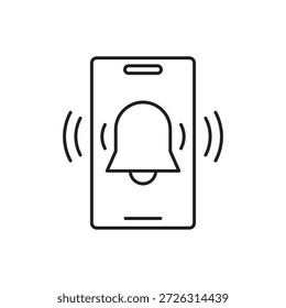 Icono de línea de una campana que suena en la pantalla de un teléfono inteligente.