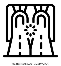 Line icon of a road leading to two tunnels with a loading symbol, representing a challenging choice