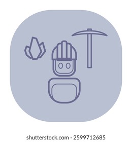 Line icon of robot character equipped with pickaxe and crystal beside it. Mining or exploration concept