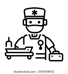 A line icon of a robot surgeon 