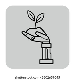 Line icon of robotic hand gently cradling small plant. Fusion of technology and nature in promoting sustainability and environmental awareness concept