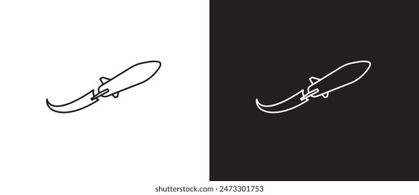 Line icon of rocket ship launching from earth. Launch icon, flying rocket sign, Concept: the way forward, start-up company, business, growth and message. Rocket icon on black and white background.